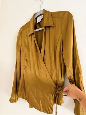 Vintage Silk Chartreuse Olive Green Wrap Blouse